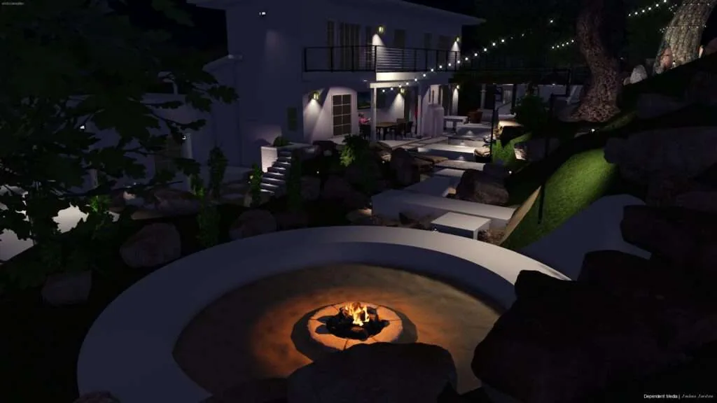 Nighttime backyard with circular fire pit in foreground, modern house with lit pathways and landscaping in background